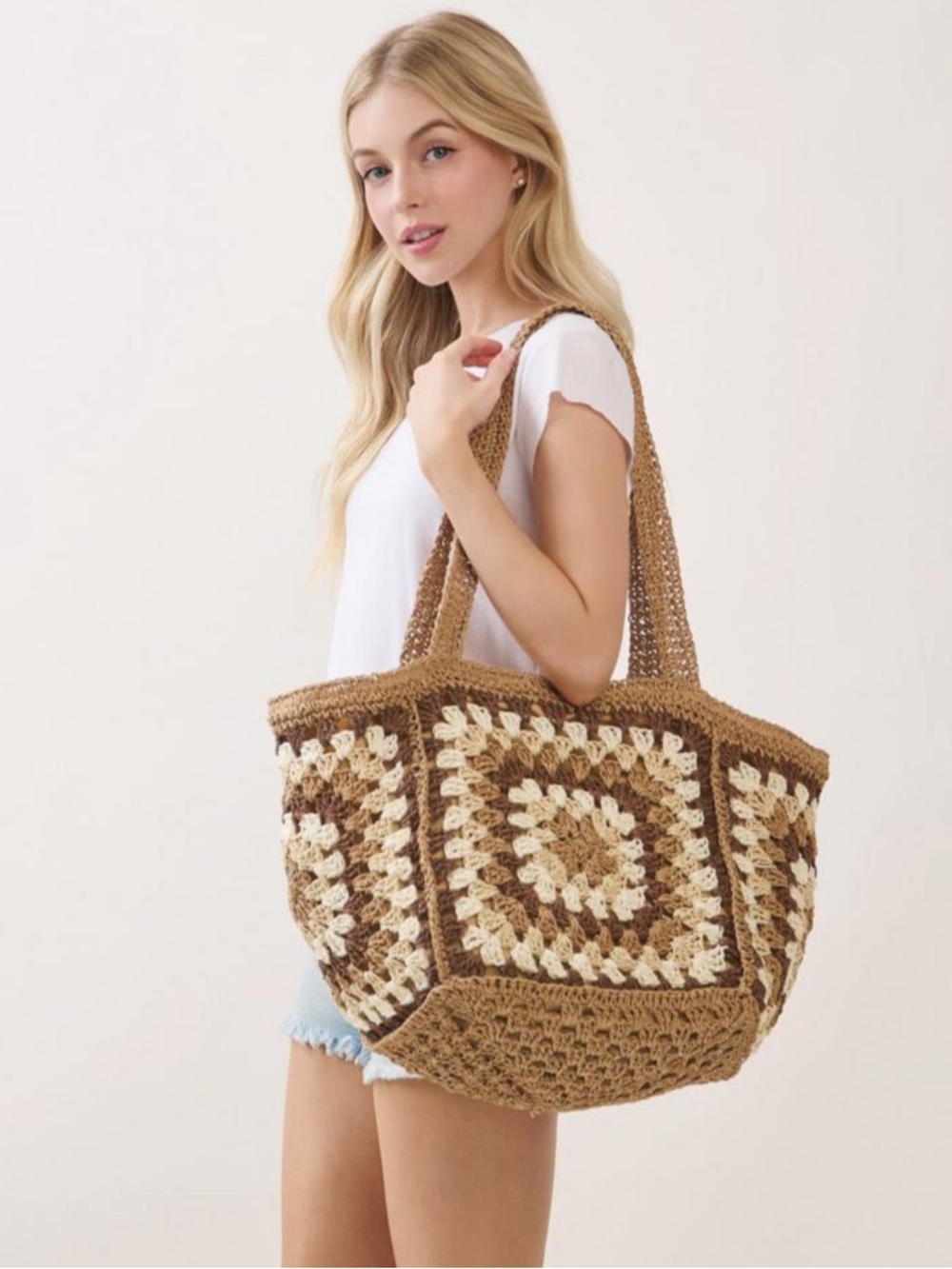 Boho Crochet Square-Panel Tote Beach Bag in Brown and Cream